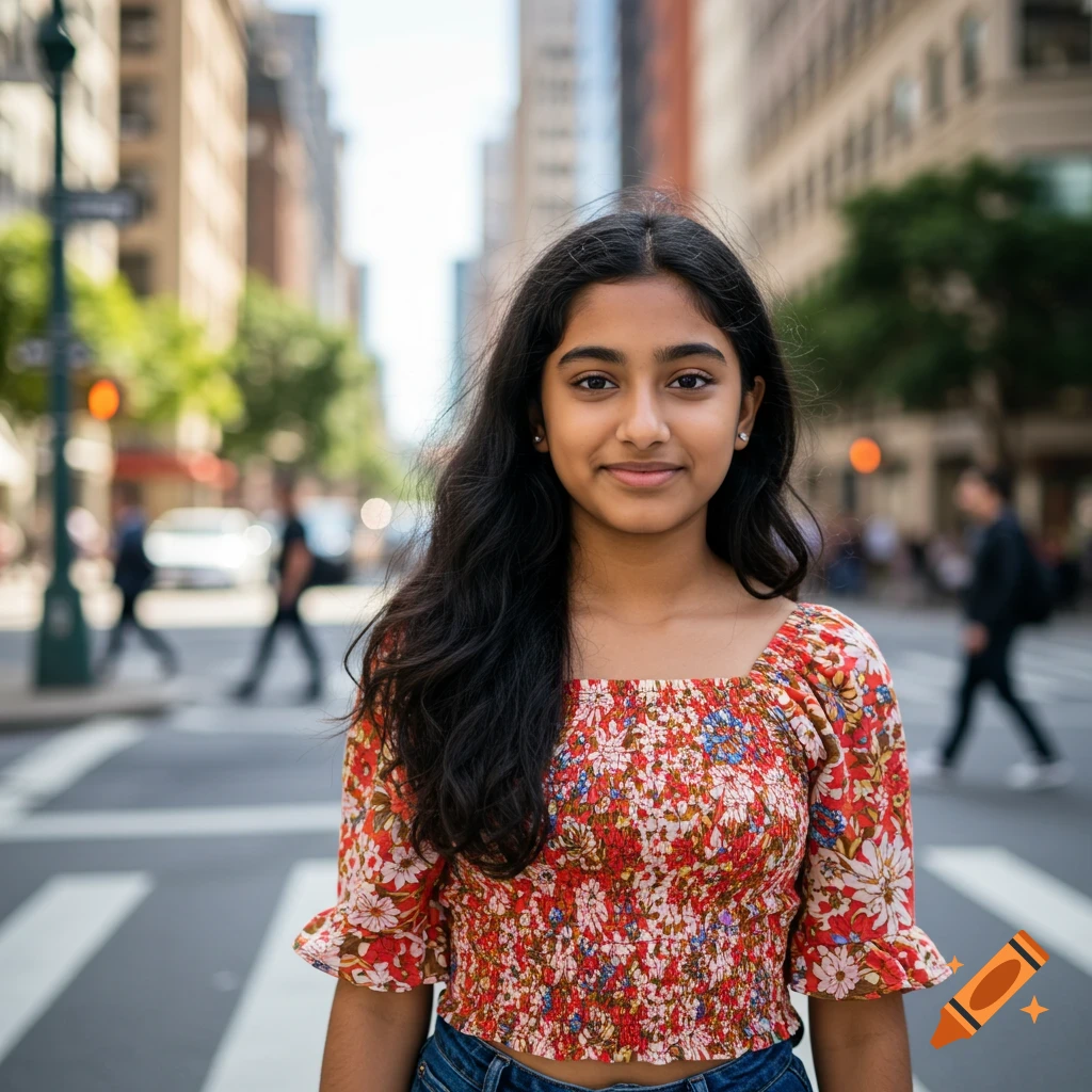 A photorealistic portrait of a smiling young Indian American girl standing in a bustling city street.