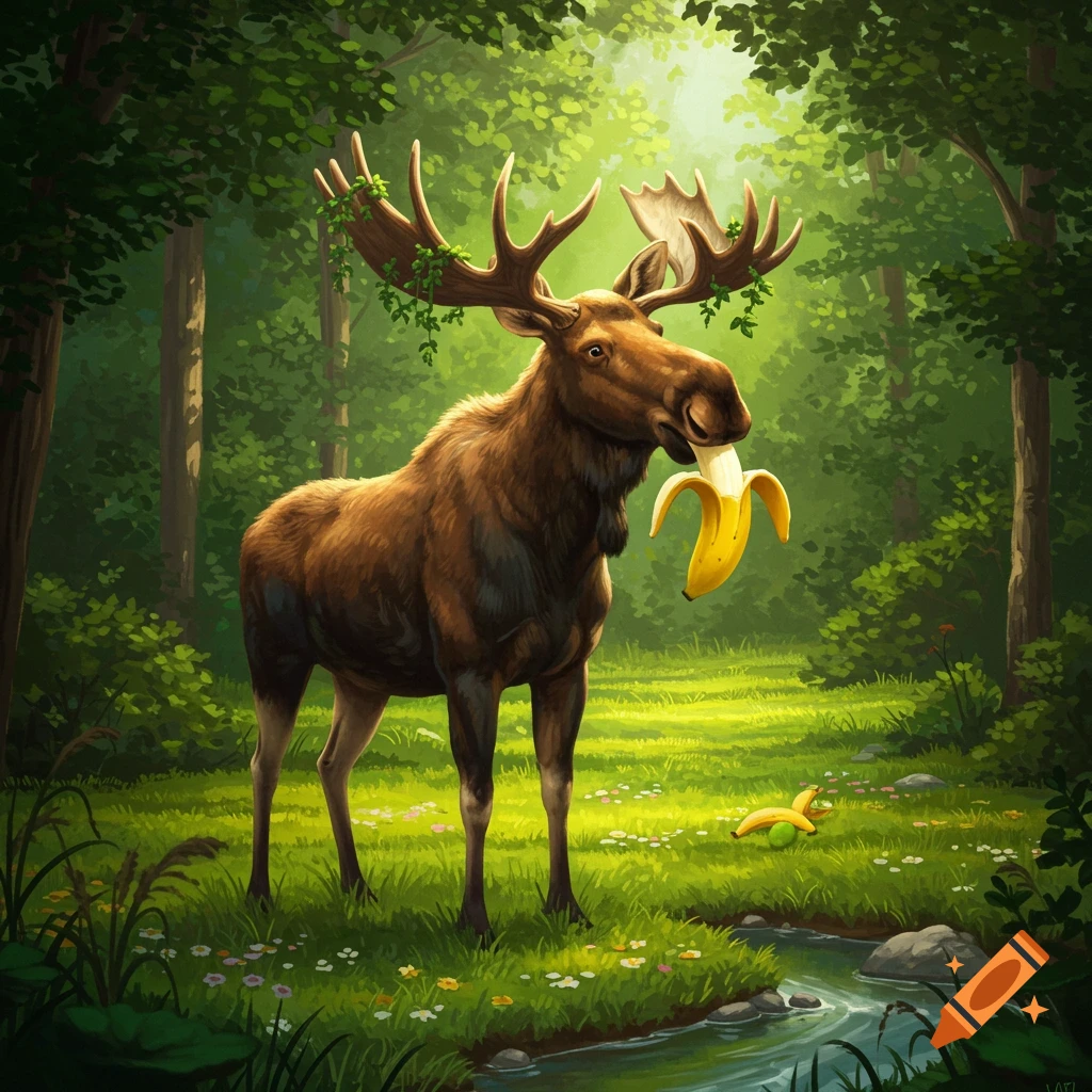 A moose with leafy antlers eats a banana in a sunlit forest next to a stream.