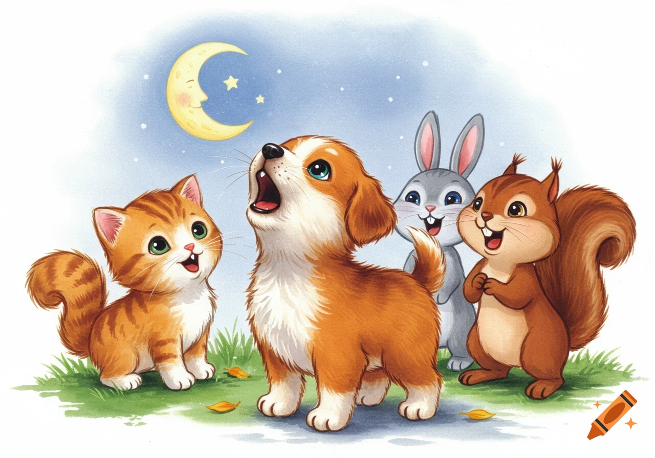 Cute cartoon puppy howling at a crescent moon with a kitten, rabbit, and squirrel on a grassy hill at night.