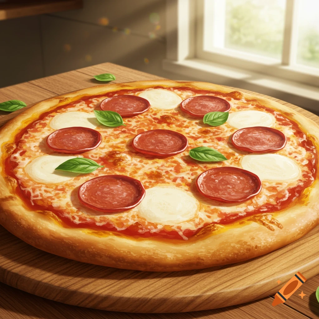 A delicious pepperoni pizza with fresh mozzarella and basil leaves on a wooden board in a sunlit kitchen.