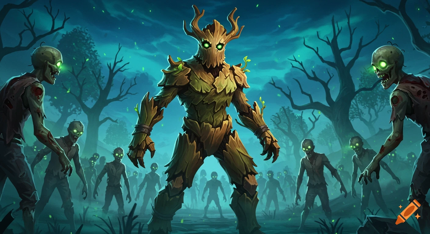 A tree-like warrior with glowing green eyes stands defiantly in a dark, misty forest, surrounded by a horde of green-eyed zombies in a stylized game art illustration.