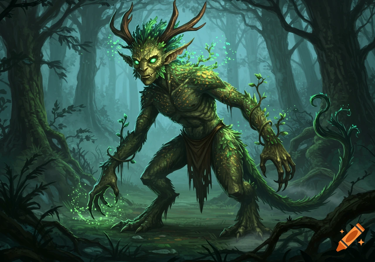 A green, horned forest creature with glowing eyes and plant-like skin stands in a dark, misty forest, digital painting.