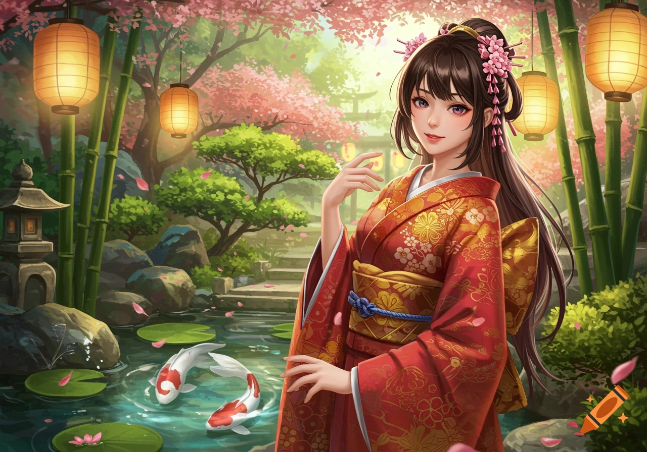 An animated woman in a red kimono poses in a serene Japanese garden with cherry blossoms, bamboo, lanterns, and koi fish.
