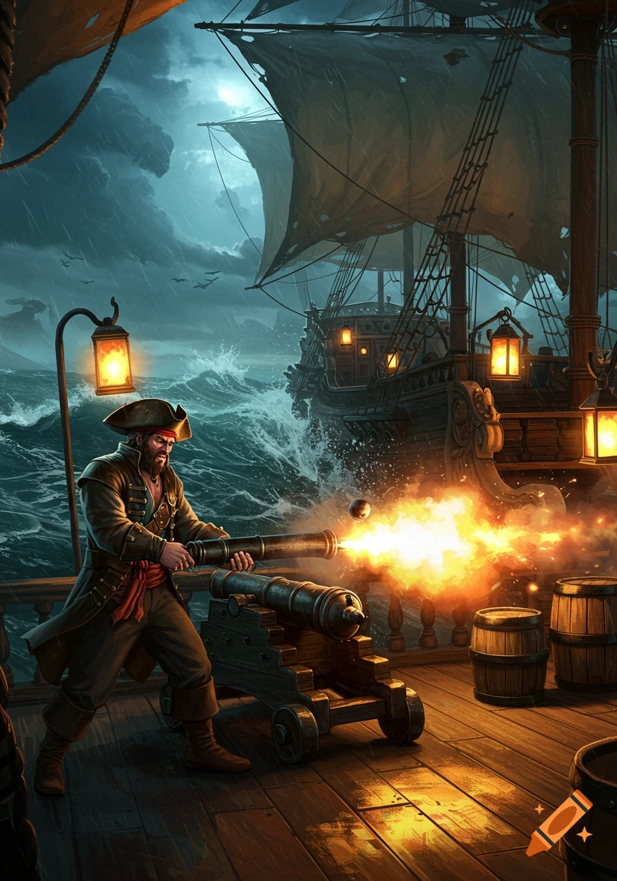 A bearded pirate fires a cannon from a ship's deck during a stormy night, with another ship in the background.