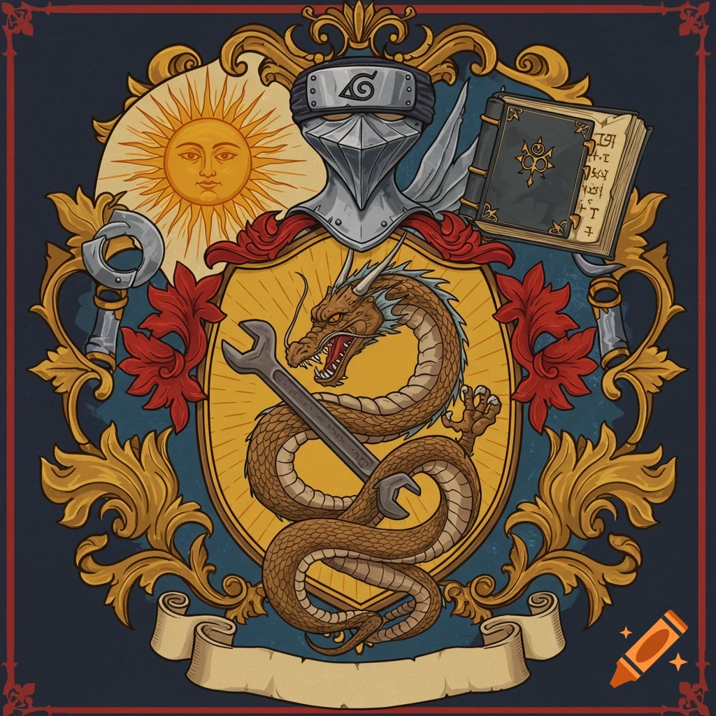 A stylized family crest featuring a brown dragon, a wrench, a Shinobi headband, a sun, and an open book, framed by ornate gold and red foliage on a dark blue background.