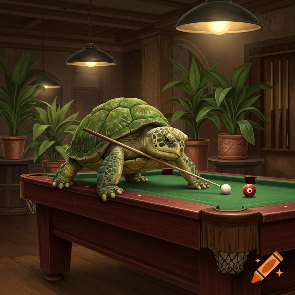 A large green turtle stands on a pool table, holding a cue stick and aiming at the 8-ball in a dimly lit room with potted plants.
