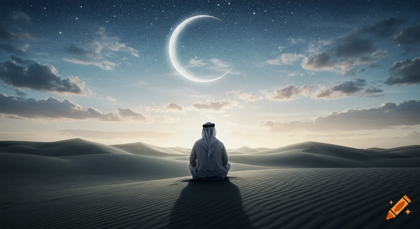 An Arab man in traditional attire sits in a vast desert under a crescent moon and a starry night sky, facing away.