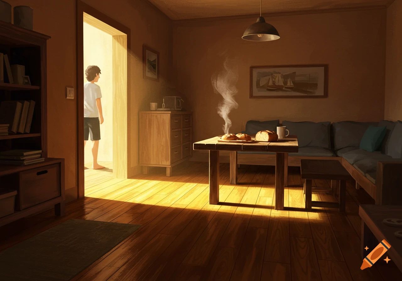 A warmly lit room with wooden floors, a person entering through a bright doorway, and steaming bread on a table, in a digital art style.