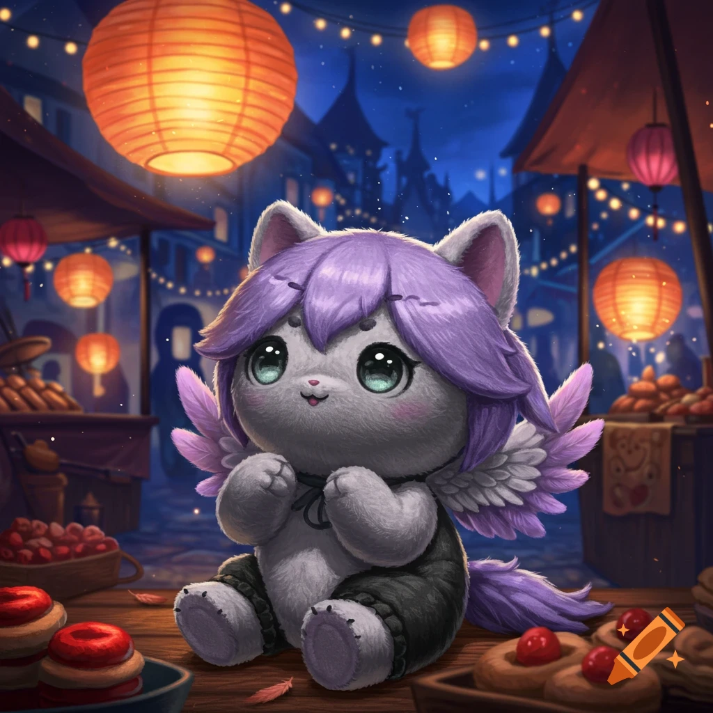 A cute, fluffy cat-like creature with purple hair and small wings sits on a wooden table at a vibrant night market lit by orange lanterns.