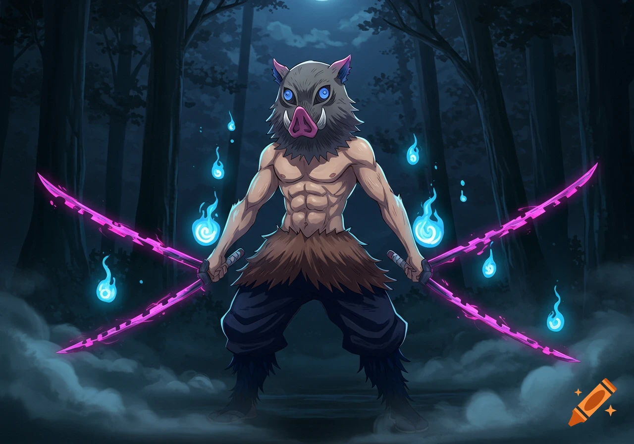 Inosuke Hasibira, a muscular boar-headed warrior, stands in a dark forest holding two glowing pink swords amidst blue flames. Anime style.