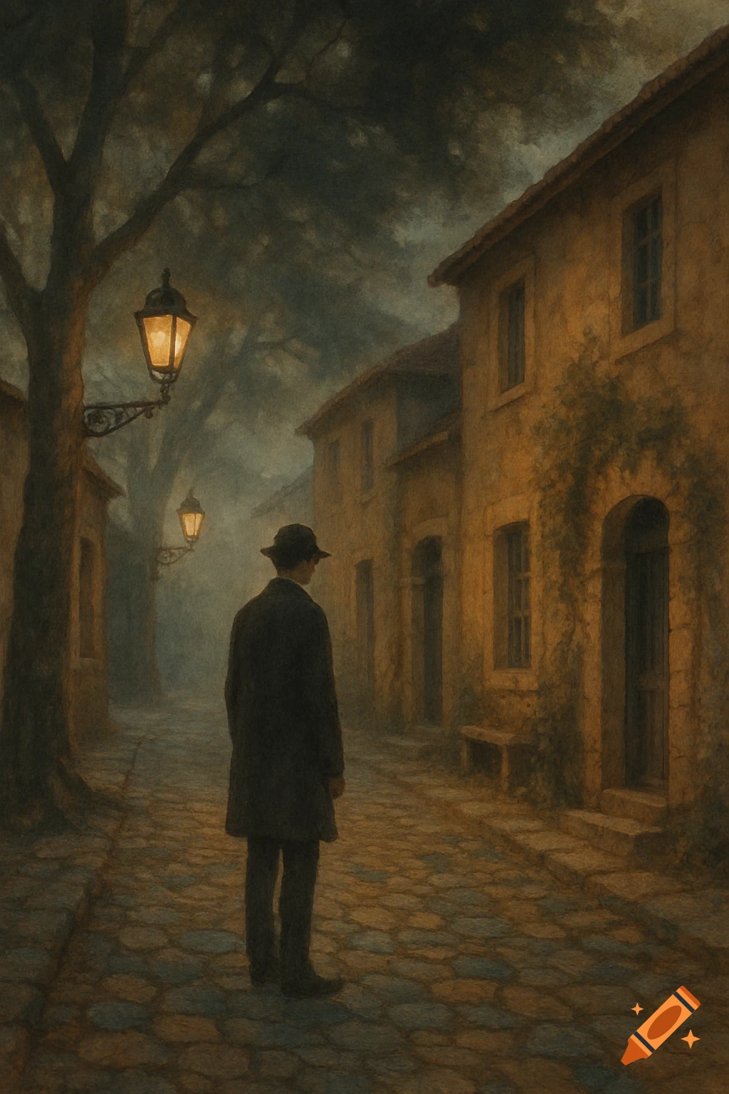 A painting of a man in a coat and hat standing on a cobblestone street at night, lit by gas lamps, with old buildings and trees.