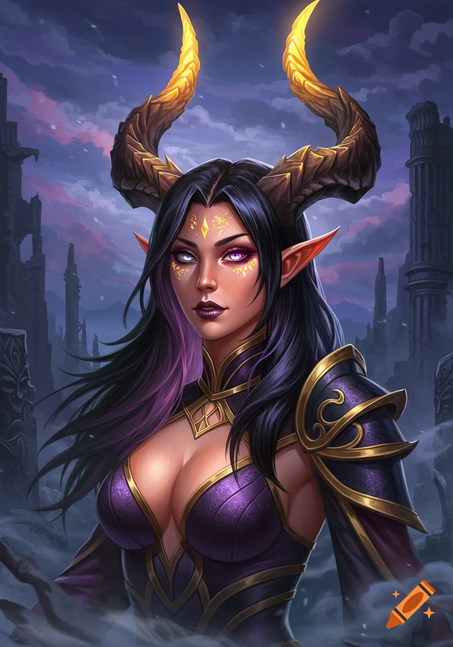 Digital painting of a female Tiefling character with black-to-purple hair, glowing horns, and striking mismatched eyes, wearing purple and gold armor.