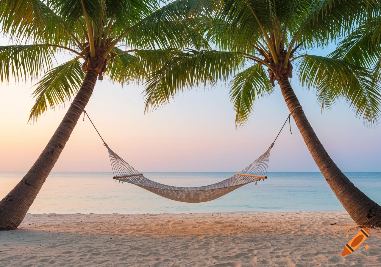 A photorealistic image of a hammock strung between two palm trees on a sandy beach at sunset.