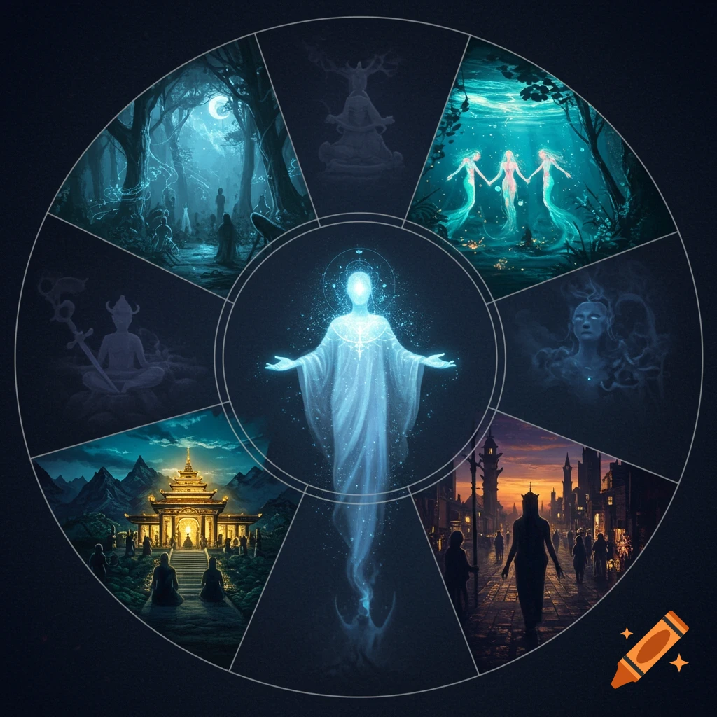 A circular collage of mystical and spiritual scenes, with a glowing ethereal figure in the center surrounded by panels depicting a moonlit forest, mermaids, a temple, and meditating figures.