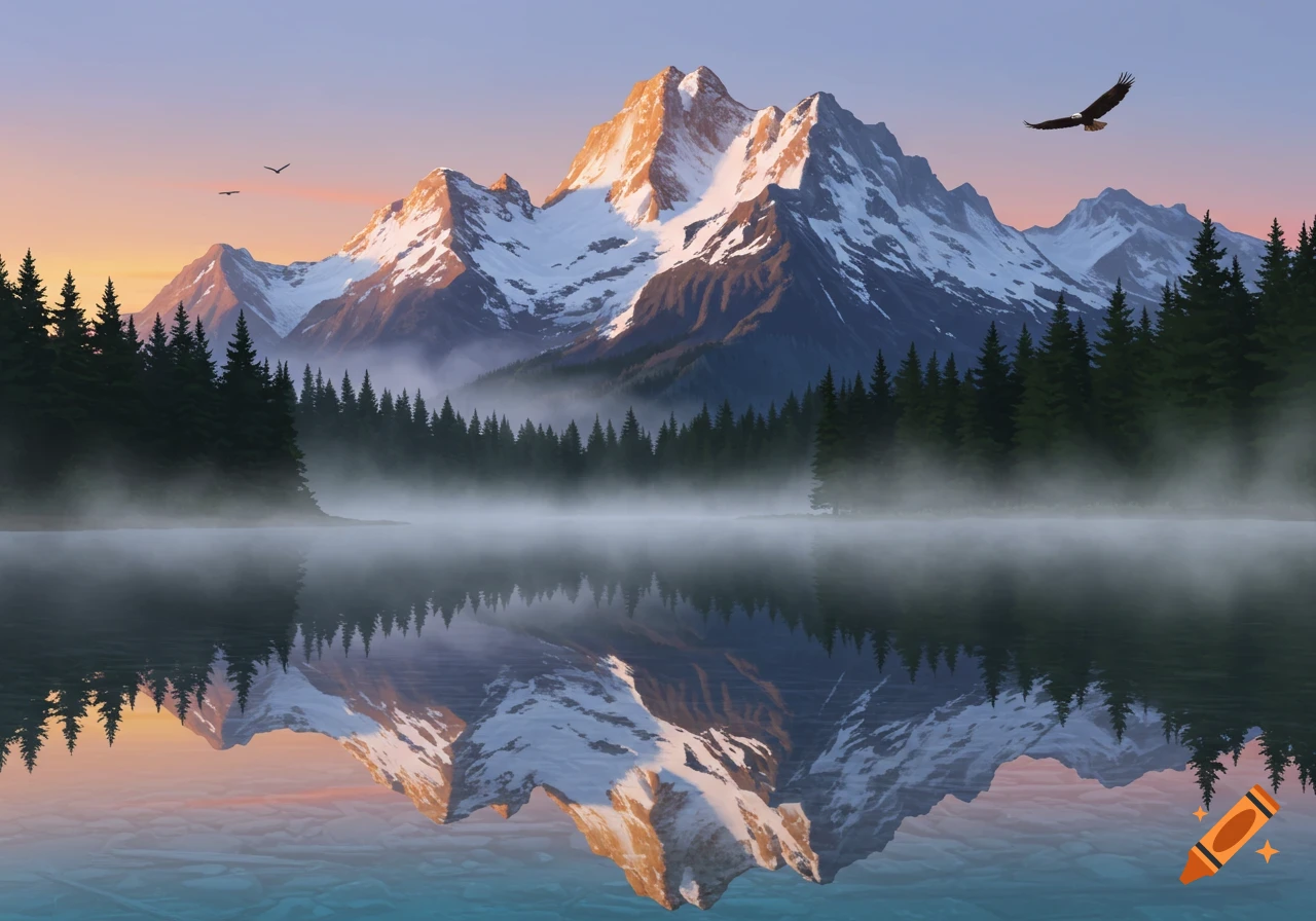 Photorealistic sunrise over a snow-capped mountain range reflected in a misty lake surrounded by a dense pine forest, with an eagle flying overhead.