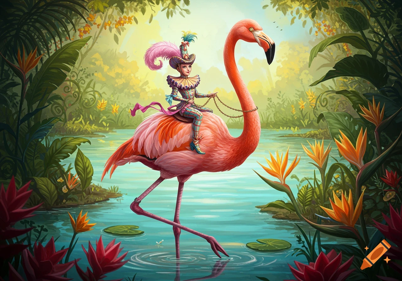 A whimsical person in a colorful outfit rides a large pink flamingo through a vibrant jungle pond with exotic plants.