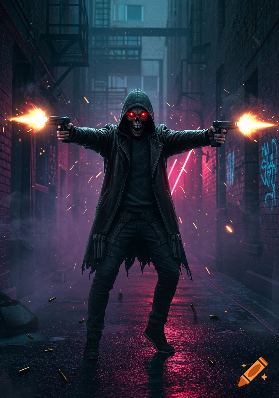 A menacing hooded skull figure with glowing red eyes stands in a dark alley, firing two pistols with bright muzzle flashes. Neon lights illuminate the background.