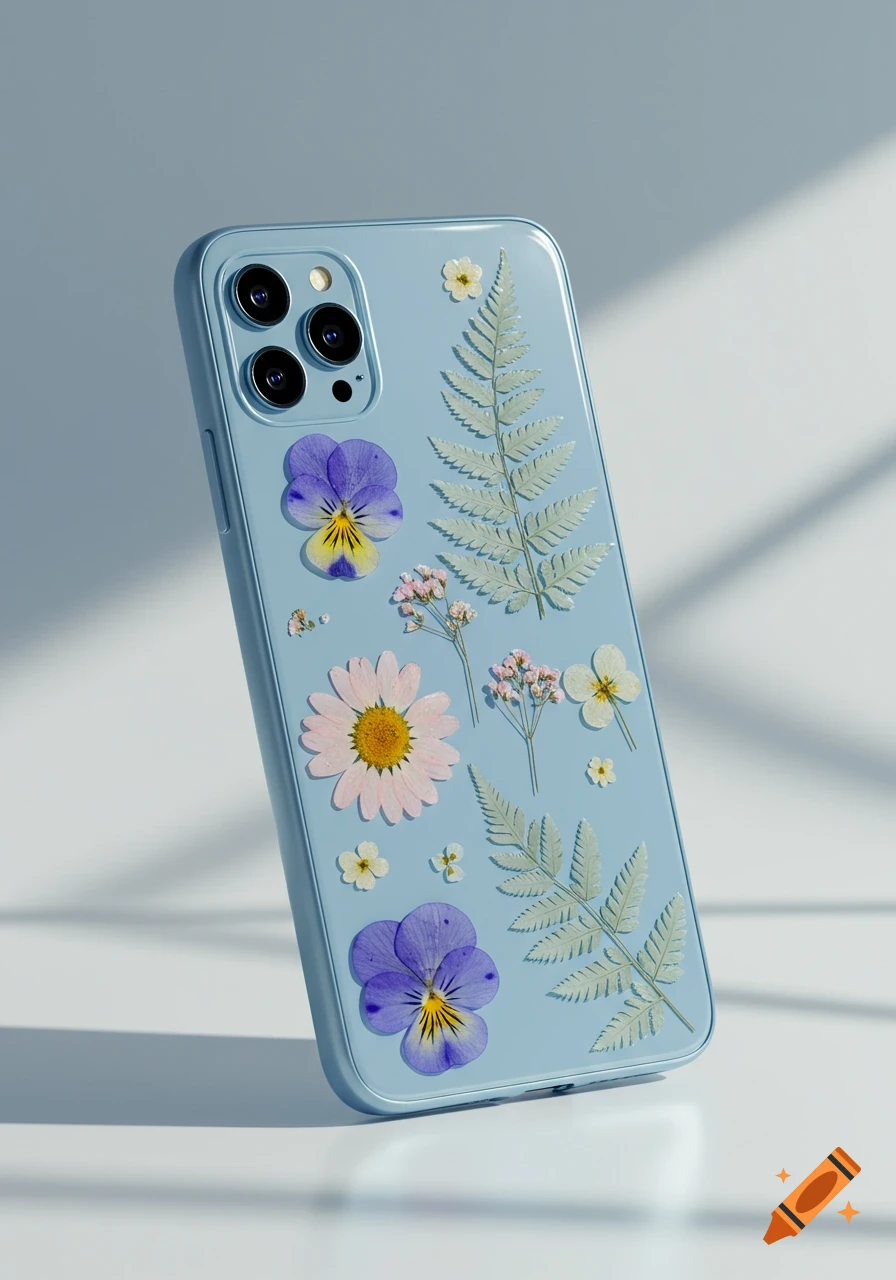 Light blue iPhone with a clear case decorated with pressed purple pansies, pink daisies, and green ferns.