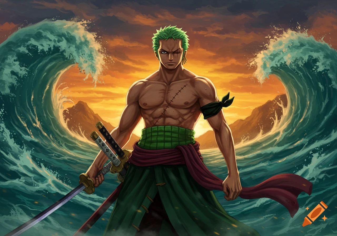 A muscular man with green hair and scars, holding katanas, stands between two large ocean waves with a vibrant sunset behind him in an anime style.