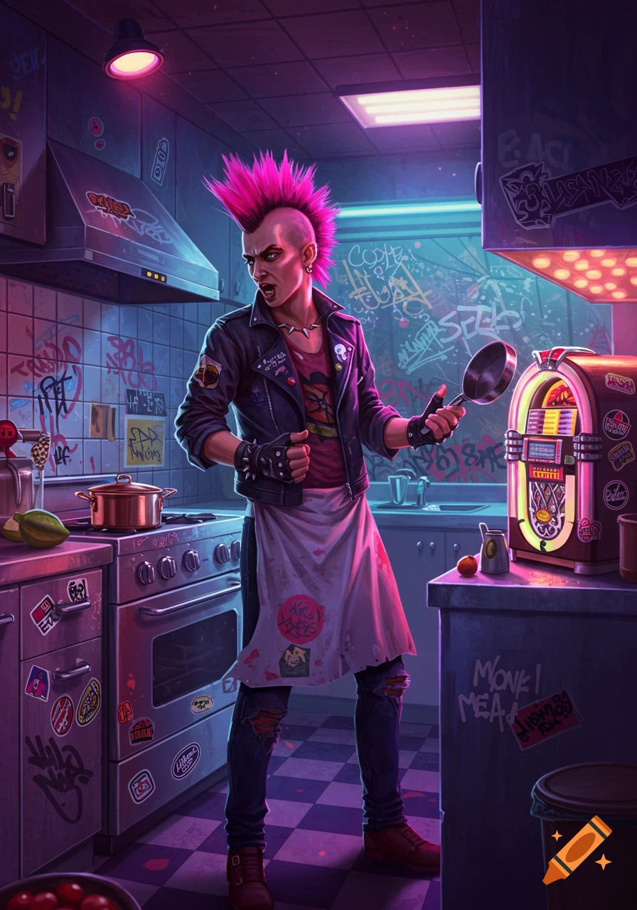 A punk chef with a pink mohawk and leather jacket stands in a graffiti-filled kitchen, holding a frying pan.