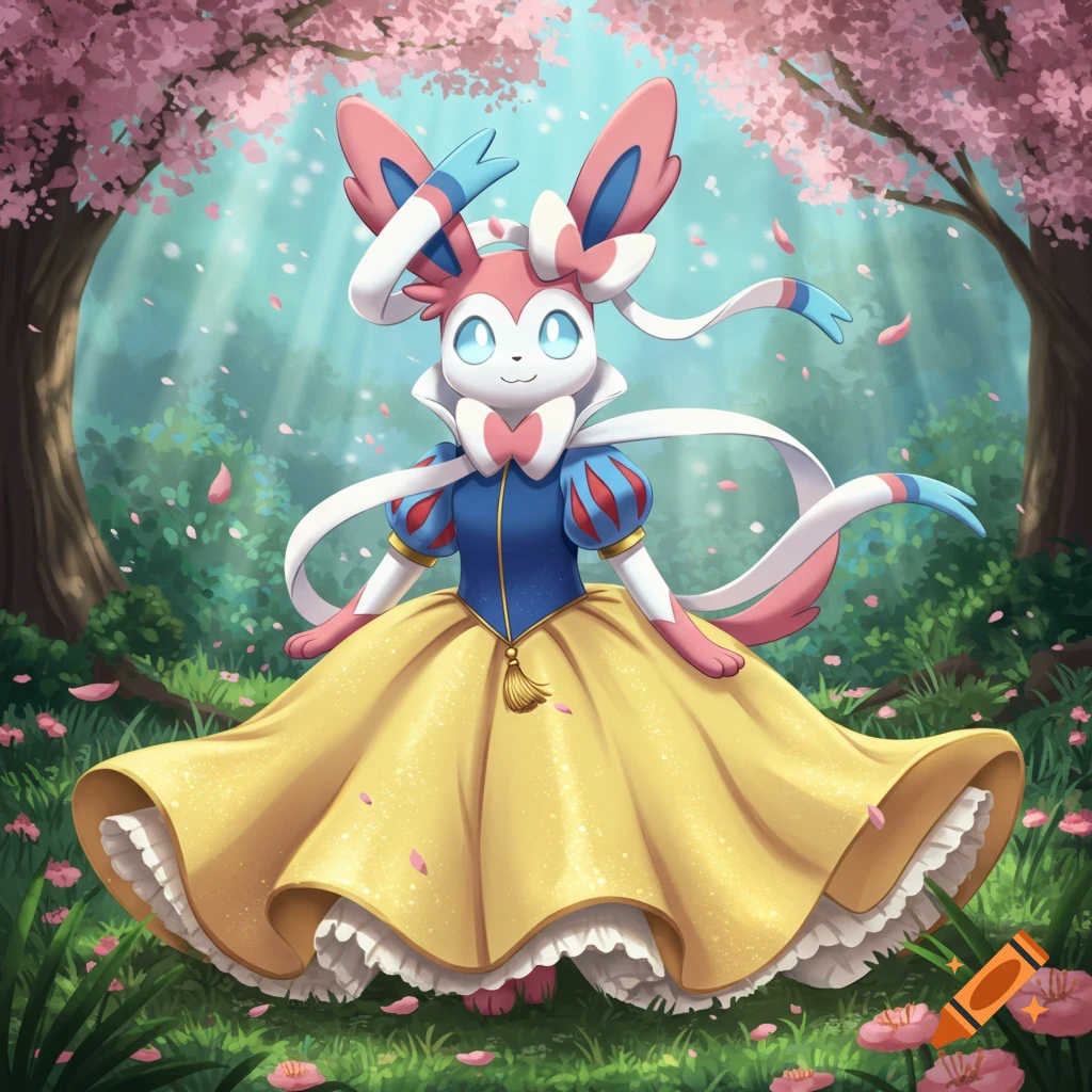 A Sylveon Pokemon in a blue and yellow Snow White dress, surrounded by pink cherry blossoms in a forest.