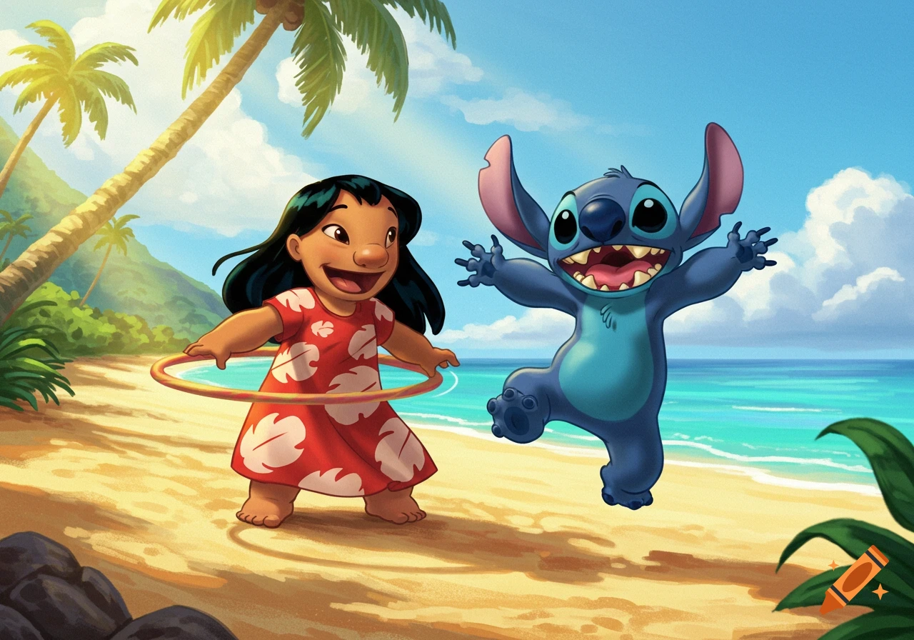 Lilo and Stitch playing on a tropical beach, Lilo hula-hooping in a red dress, and Stitch jumping excitedly.