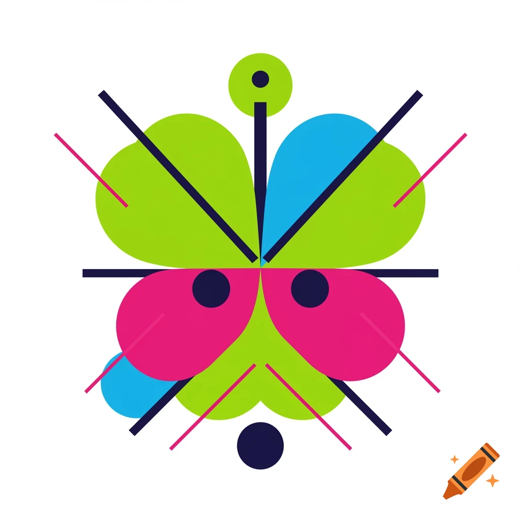 An abstract graphic design featuring a symmetrical arrangement of green, pink, and blue shapes with black lines and dots on a white background.