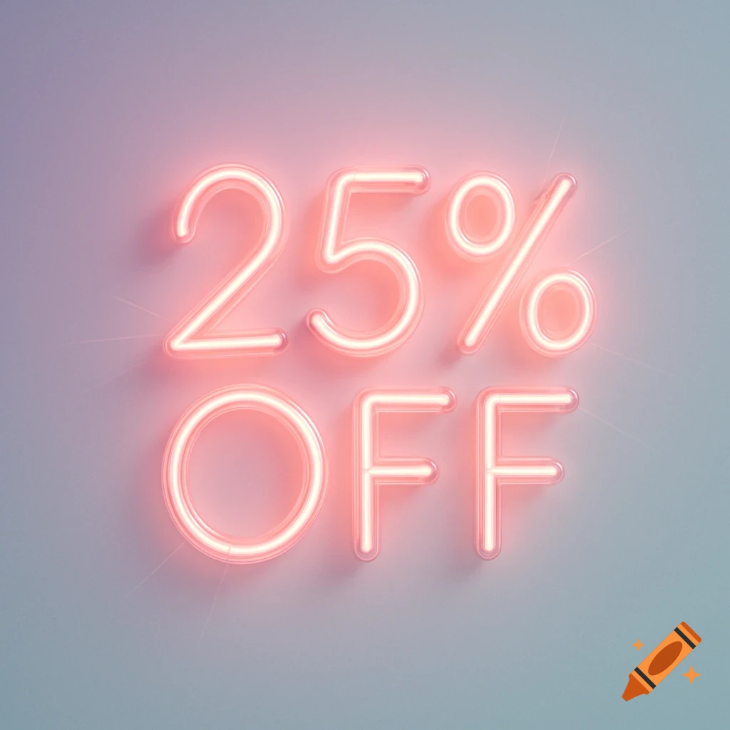 Neon sign displaying '25% OFF' in pastel pink against a grey background.