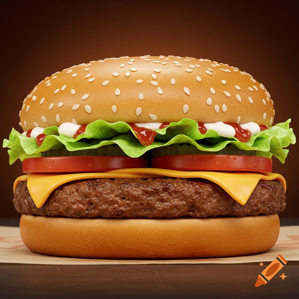A close-up, photorealistic burger with a thick patty, cheese, lettuce, tomato, ketchup, and mayo on a sesame seed bun.