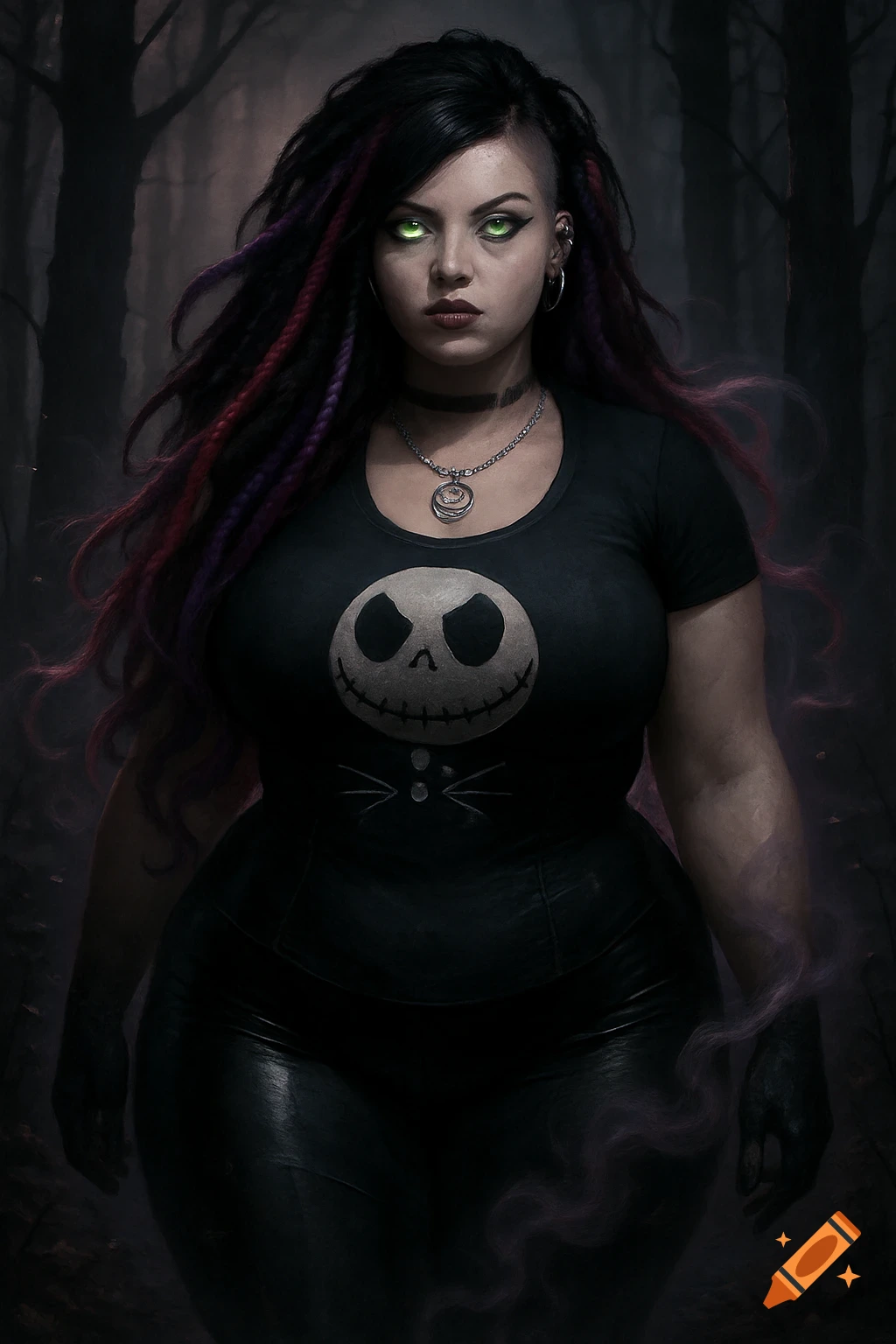 A full body portrait of a curvy cyber goth woman with dark and purple dreadlocks, green eyes, piercings, and a Jack Skellington shirt, standing in a dark foggy forest.