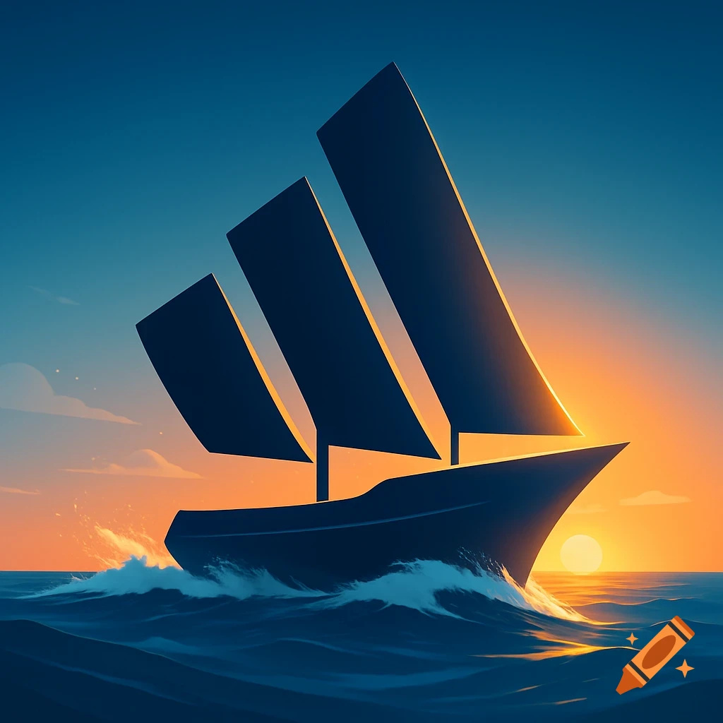 A stylized, dark sailboat with three sails on a wavy ocean, illuminated by a vibrant sunset with the sun low on the horizon.