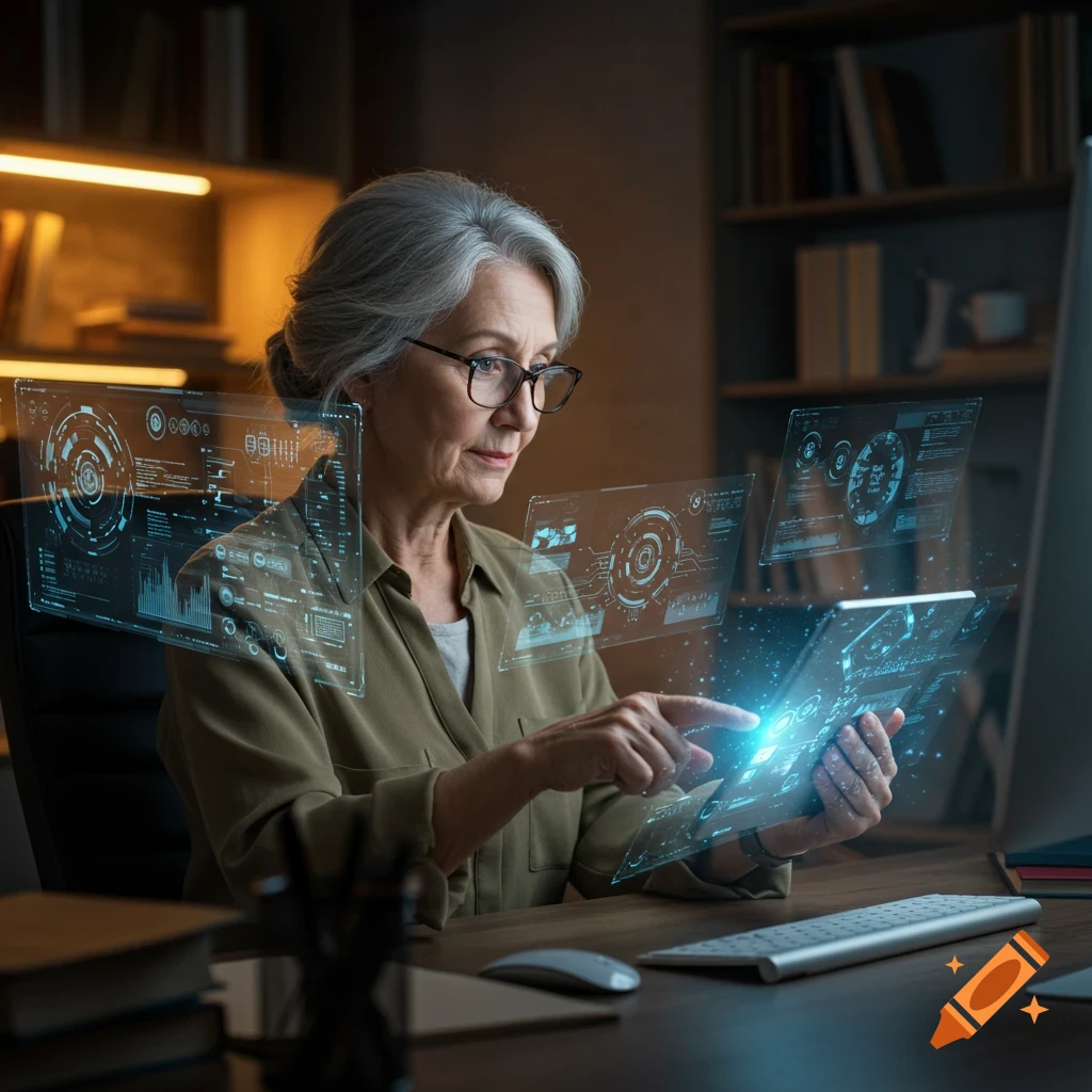 A mature woman in glasses interacts with glowing holographic screens and a tablet displaying data in a dimly lit office.