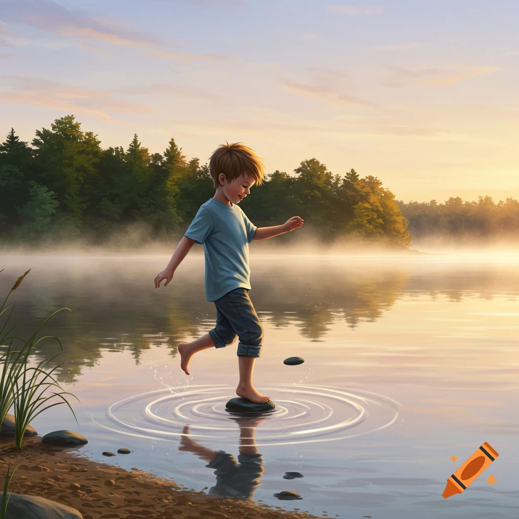 A young boy balances on a rock in a misty lake at sunrise, with a stone in mid-air and forested shores.