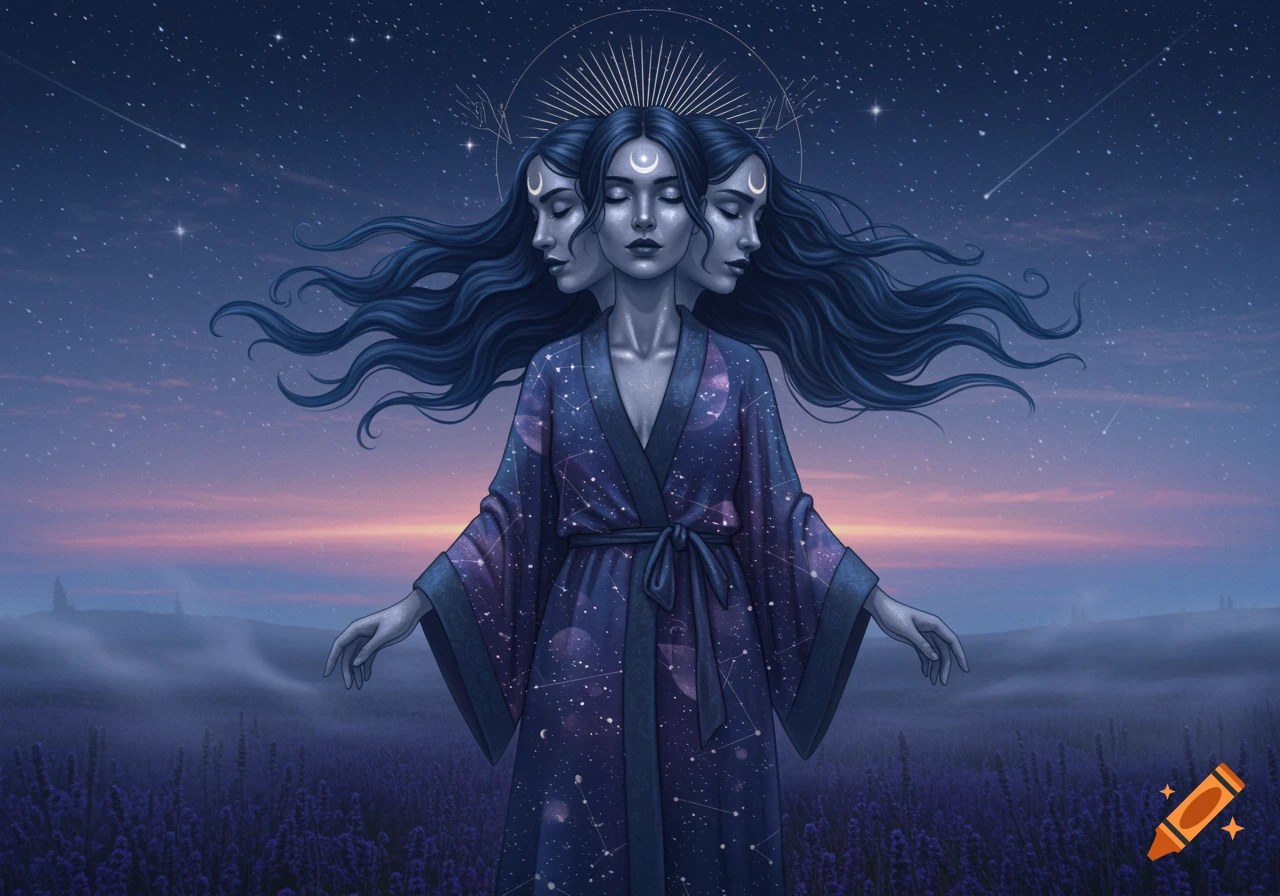 A mystical woman with three heads, crescent moons on her forehead, stands in a lavender field under a starry night and sunset sky, wearing a celestial robe.