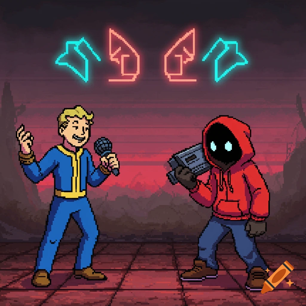 Pixel art of Vault Boy and Mark Heathcliff in a rap battle, with glowing abstract arrow symbols above them.