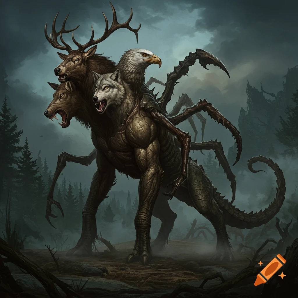 A dark fantasy illustration of a monstrous chimera with an elk head, a wolf head, and an eagle head, a scaly reptilian body with arachnid legs and a scorpion tail, standing in a misty forest.