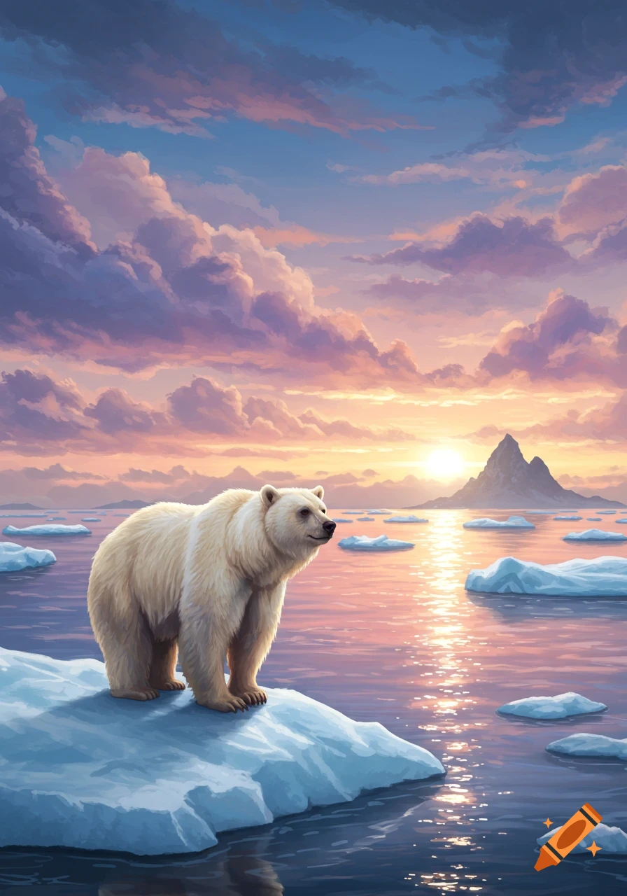 A cream-colored polar bear stands on a large ice floe in a calm ocean under a sky with pink, purple, and blue clouds at sunset, with a mountain island in the distance.