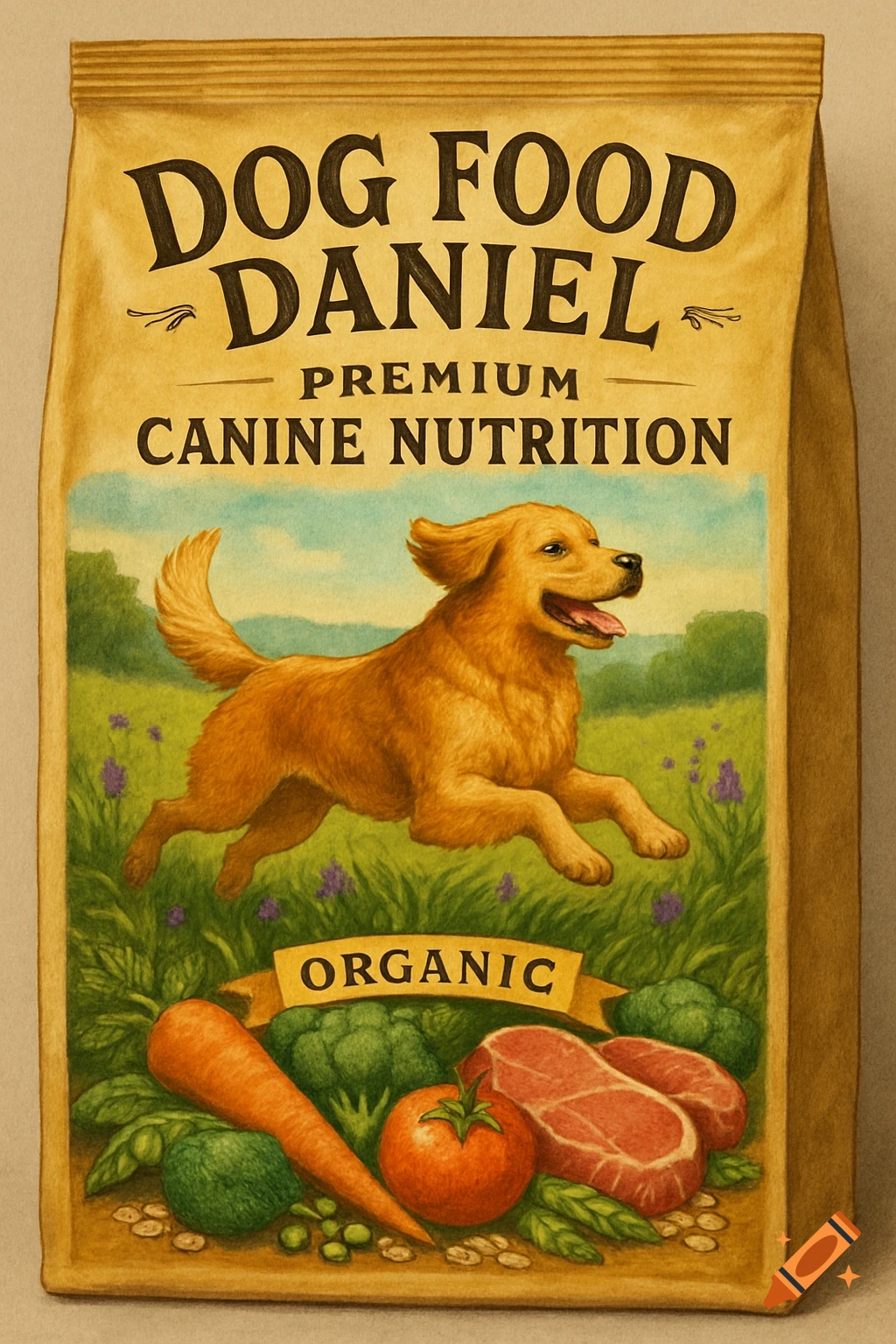 An illustrative image of a Dog Food Daniel brand bag, featuring a golden retriever, fresh vegetables, and meat.
