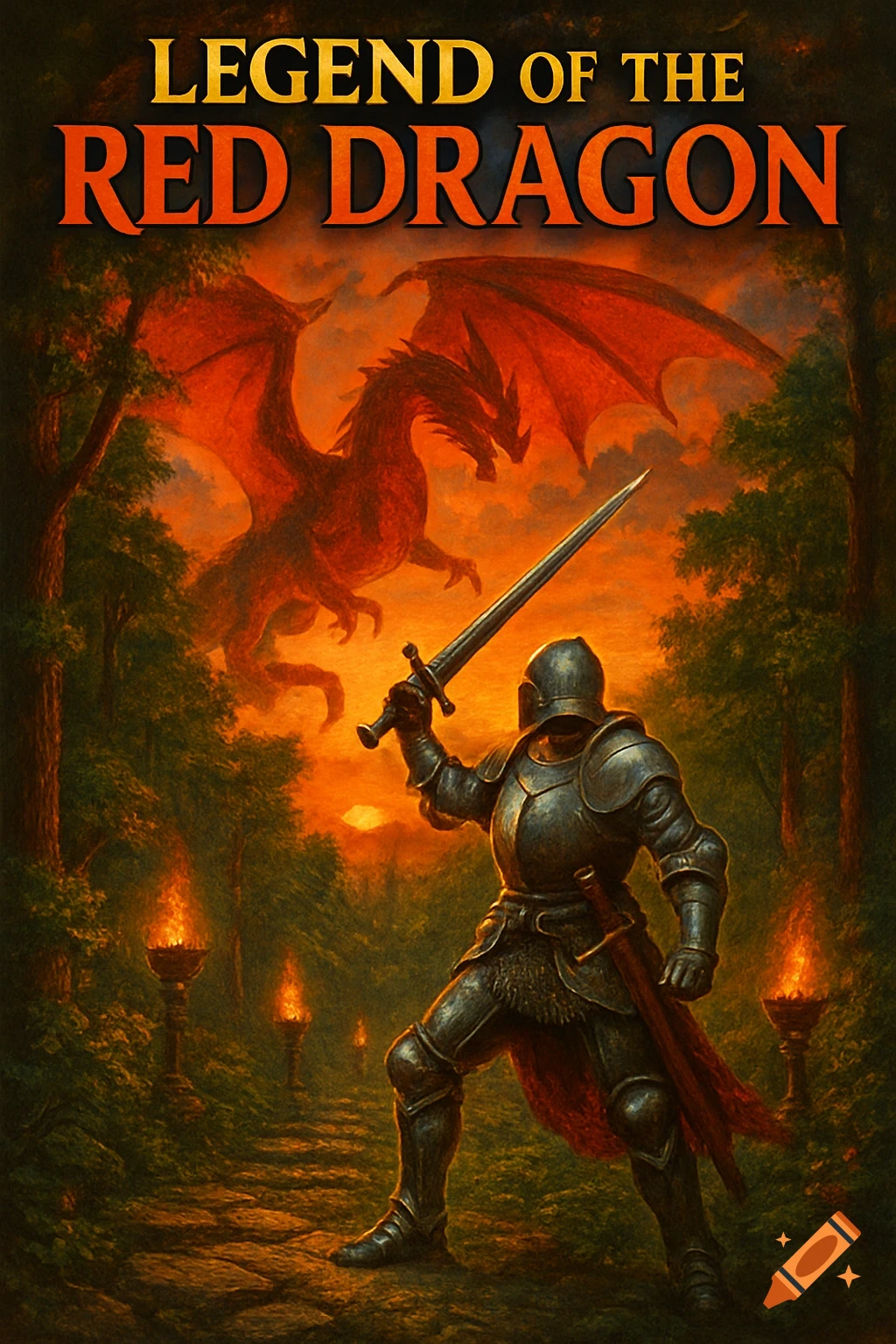 Fantasy art of a knight with a sword facing a red dragon in a forest under the title 'Legend of the Red Dragon'.