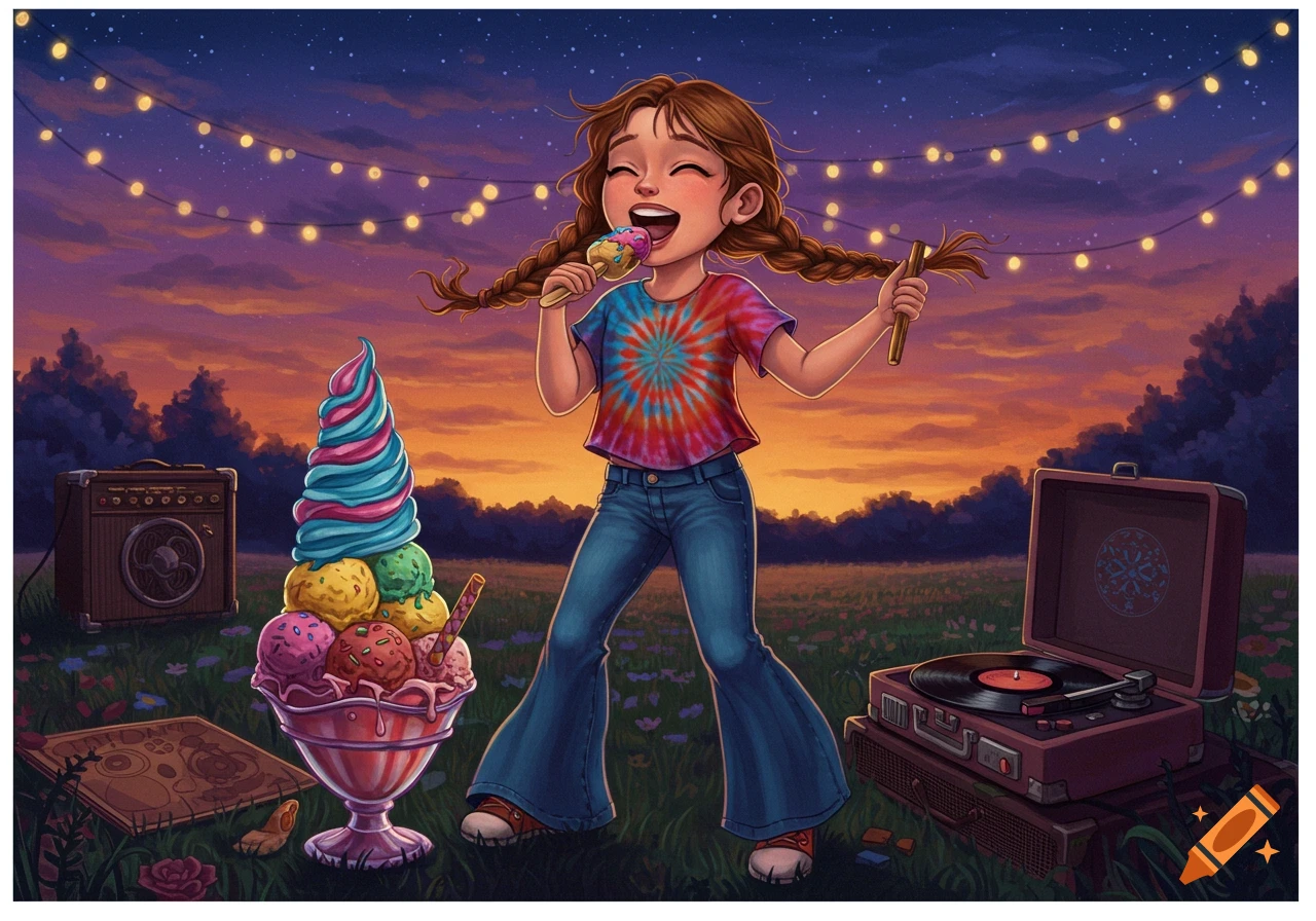 A happy cartoon girl in a tie-dye shirt sings while eating ice cream in a field with a giant sundae, an amp, and a record player at sunset under string lights.