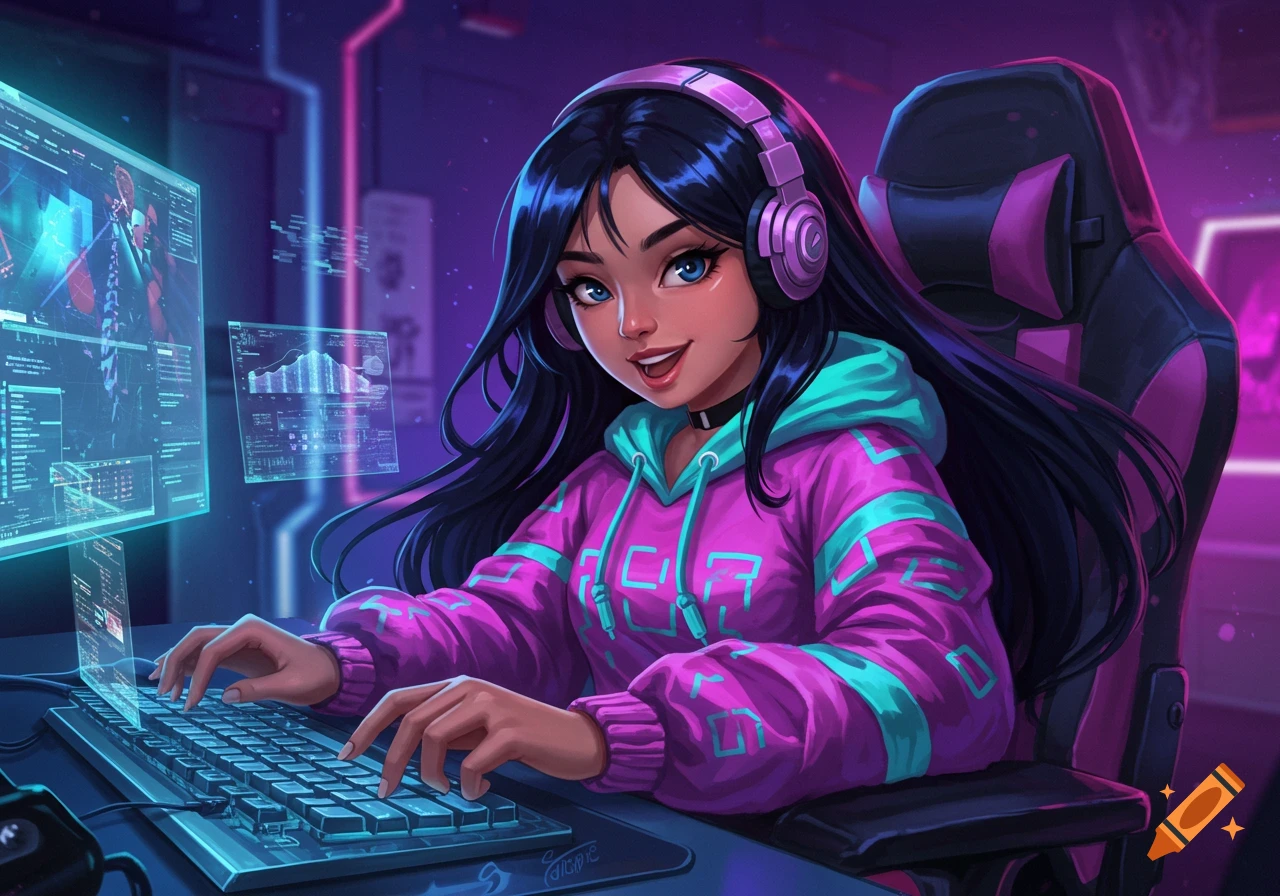 An anime-style Latina gamer girl with purple headphones typing on a keyboard in a neon-lit room with holographic screens.