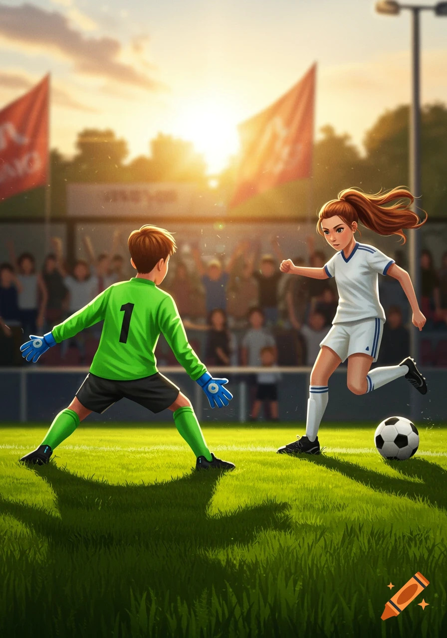 A boy goalkeeper stands ready as a girl soccer player approaches the ball to take a penalty kick on a sunny field with a crowd.