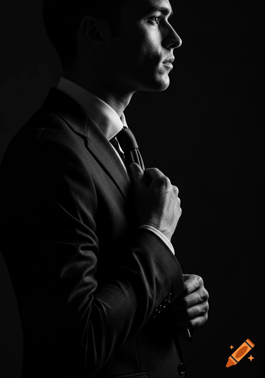 Black and white, high-contrast portrait of a man in a tailored suit adjusting his tie.