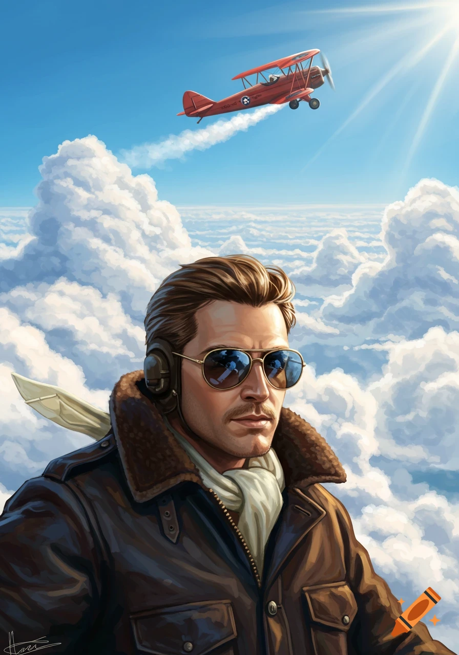 A pilot in a leather jacket and aviator sunglasses looks up at a red biplane flying in a bright, cloudy sky.