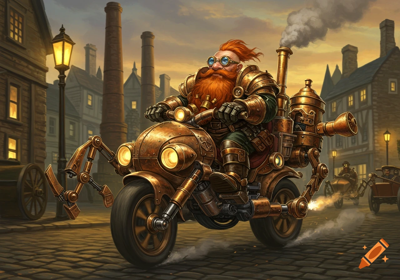 A red-bearded dwarf in steampunk armor rides a steam-powered motorcycle with mechanical arms on a cobblestone street.