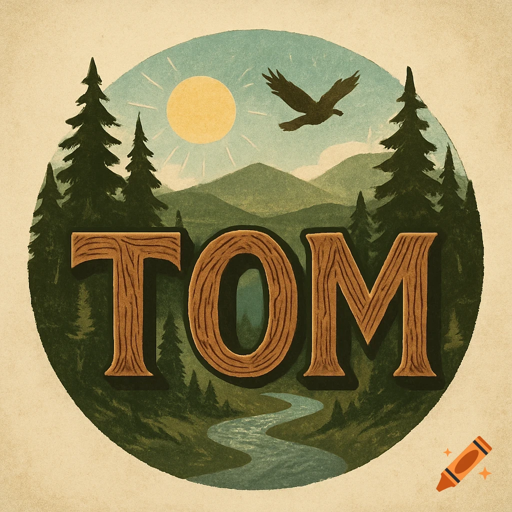 Stylized illustration of the word 'TOM' in wood-textured letters over a circular landscape with mountains, trees, a river, and an eagle.