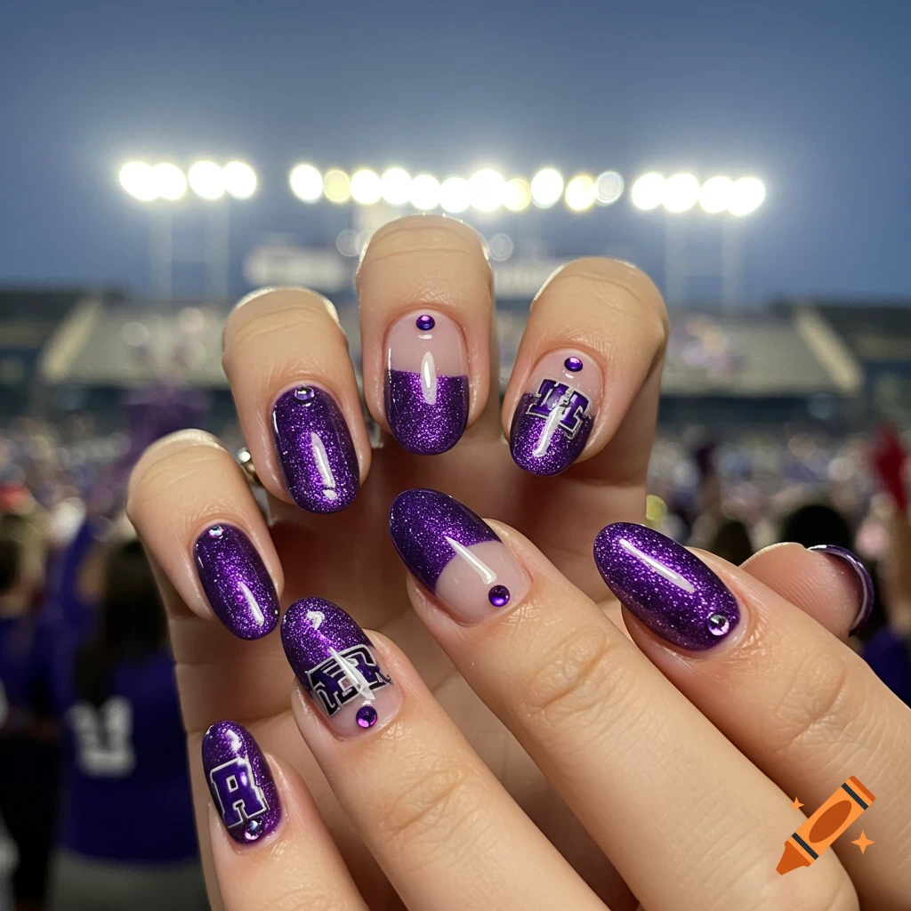 Close-up of a hand with purple glitter and clear half-moon manicured nails, some featuring letter decals, in a stadium setting.