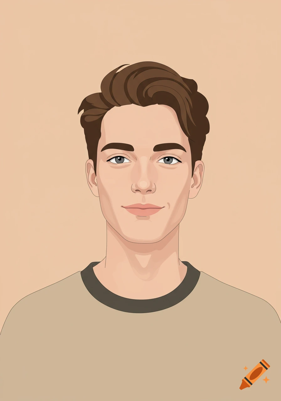 Minimalist portrait of a young man with brown hair and blue eyes, in a warm, lofi-inspired illustration style.