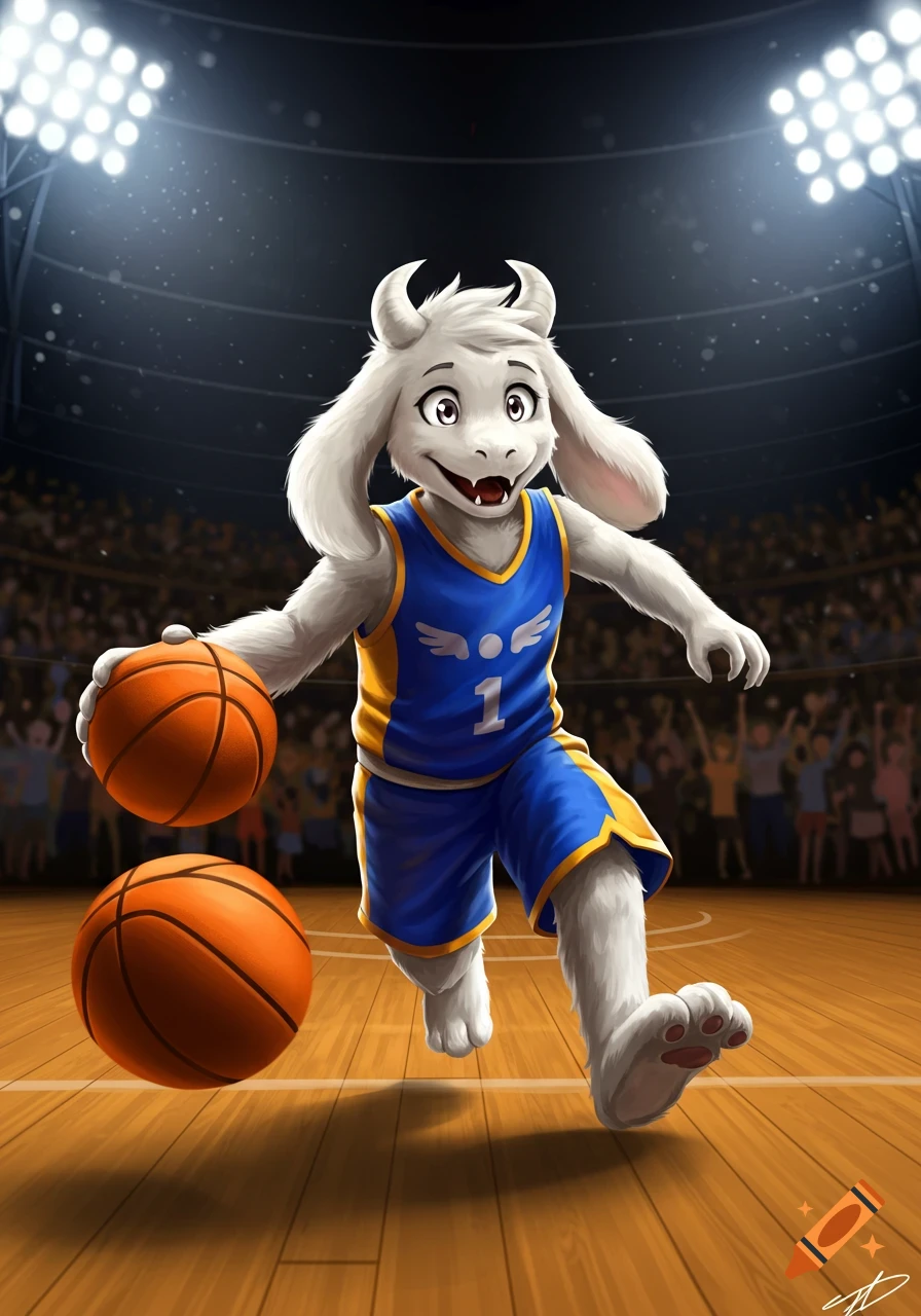 An anthropomorphic goat-like character, Asriel Dreemurr from Undertale, wearing a blue and yellow basketball uniform, dribbling two basketballs on a court in an indoor stadium.