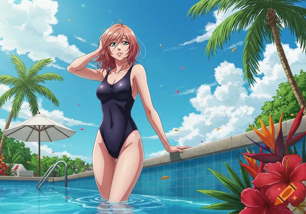 An anime woman in a black swimsuit stands in a pool in a tropical setting with palm trees and flowers.